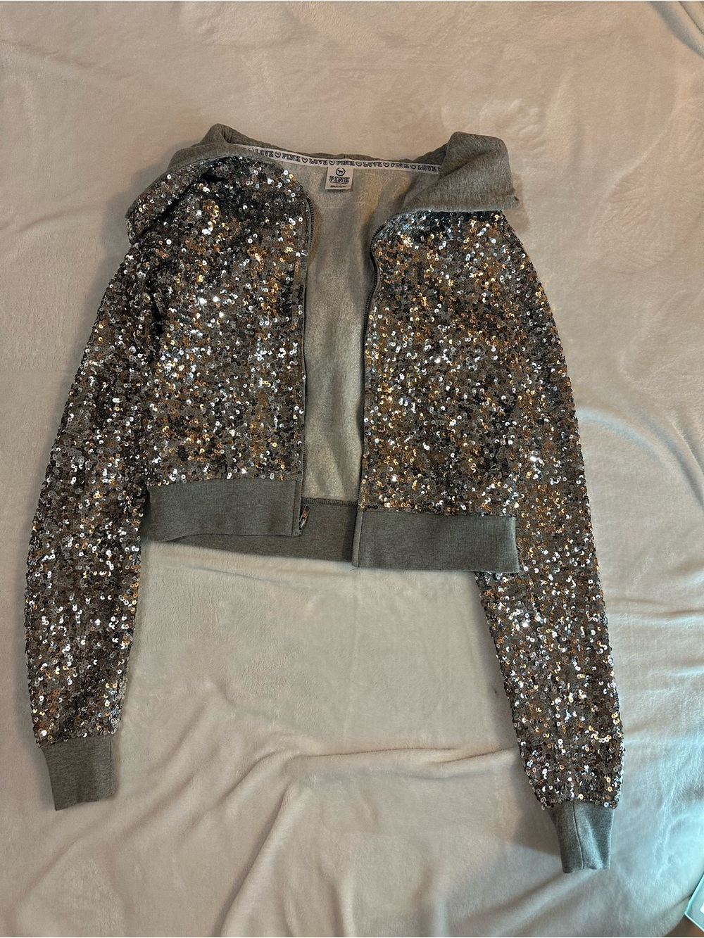 PINK Victoria's Secret Silver Sequin 'LOVE PINK' Hoodie - Picture 5 of 10